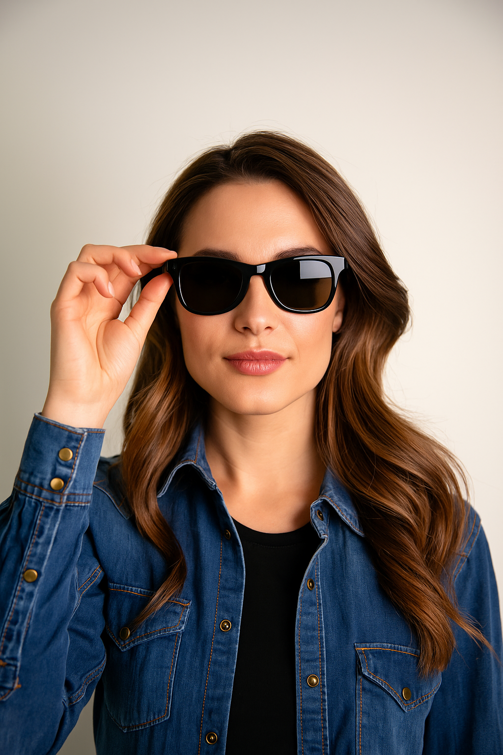 Eine Frau mit blauem Hemd, dunklen langen Haaren und schwarzer Sonnenbrille.