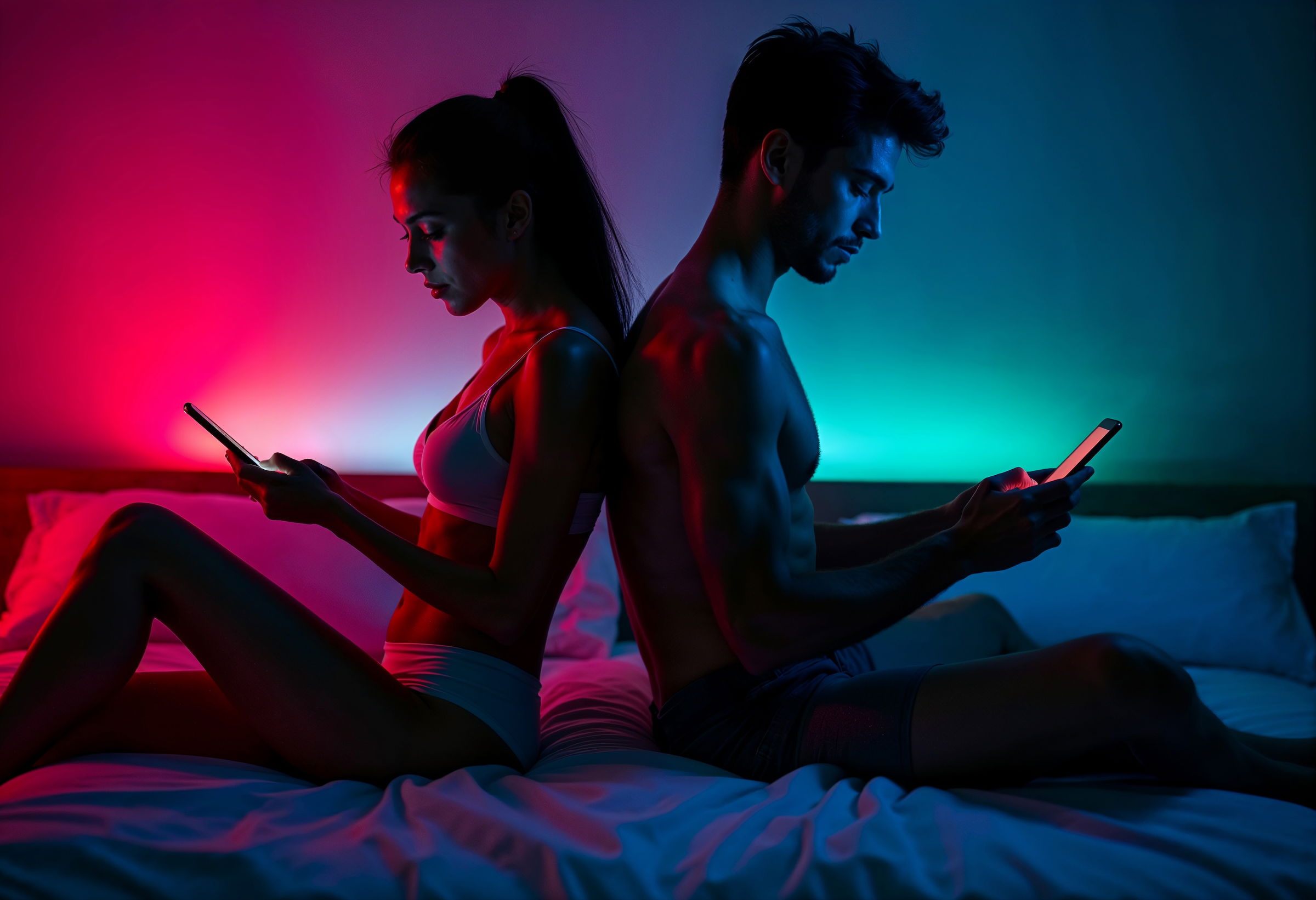 Junges Paar sitzt im Bett Rücken an Rücken, beide in Unterwäsche und mit dem Blick auf ihr Smartphone, beleuchtet von farbigem Licht in Rot und Blau.
