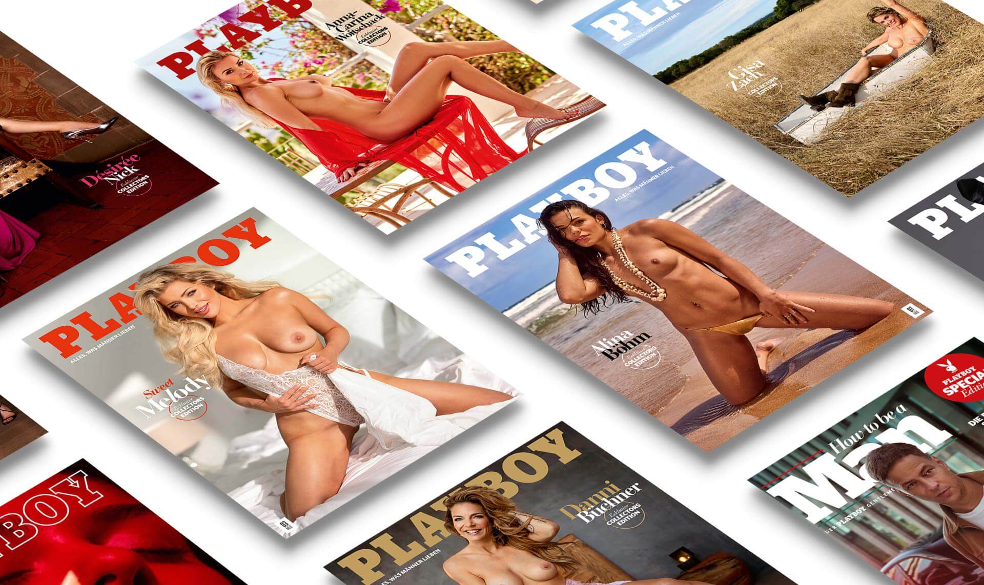 Mehrere Playboy-Magazin-Cover sind in einer diagonalen Gitteranordnung auf weissem Hintergrund dargestellt. Jede Ausgabe zeigt eine leicht bis vollständig unbekleidete Frau in unterschiedlichen Posen und Umgebungen, darunter Bettszenen, Naturhintergründe und Studioaufnahmen. Besonders hervorgehoben ist das schwarze Cover mit goldener Aufschrift von Laura Engelmann, die zur Playmate des Jahres 2025 gekürt wurde. Die Covers sind vielfältig gestaltet, mit wechselnden Schriftfarben und -stilen.