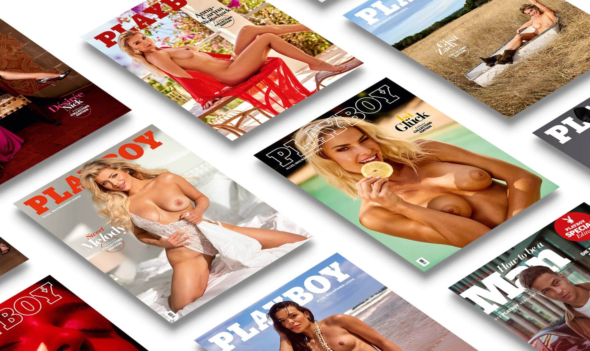 Collage mehrerer Playboy-Cover in diagonaler Anordnung auf weißem Hintergrund. Zu sehen sind verschiedene Ausgaben mit prominenten Persönlichkeiten wie Désirée Nick, Anna-Maria Damm, Gisa Zach, Isi Glück, Melody Haase u.a. – meist oben ohne und in sommerlichen oder verführerischen Posen. Die Cover zeigen abwechslungsreiche Motive mit Strand, Pool, Bett oder Naturkulissen und transportieren eine Mischung aus Glamour, Sinnlichkeit und Lifestyle